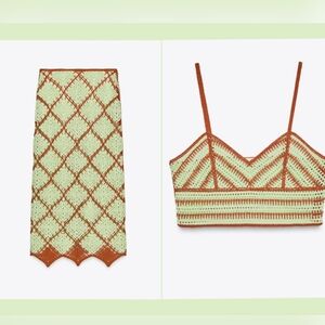 Zara Green and Brown Crochet Skirt Set